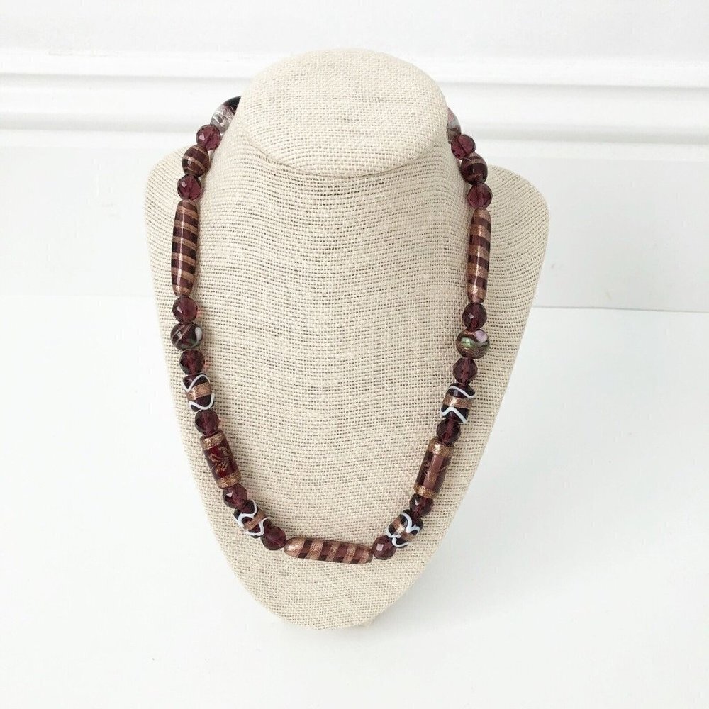 NWT Genuine Murano Glass & Czech Crystal Beads Necklace Purple Gold